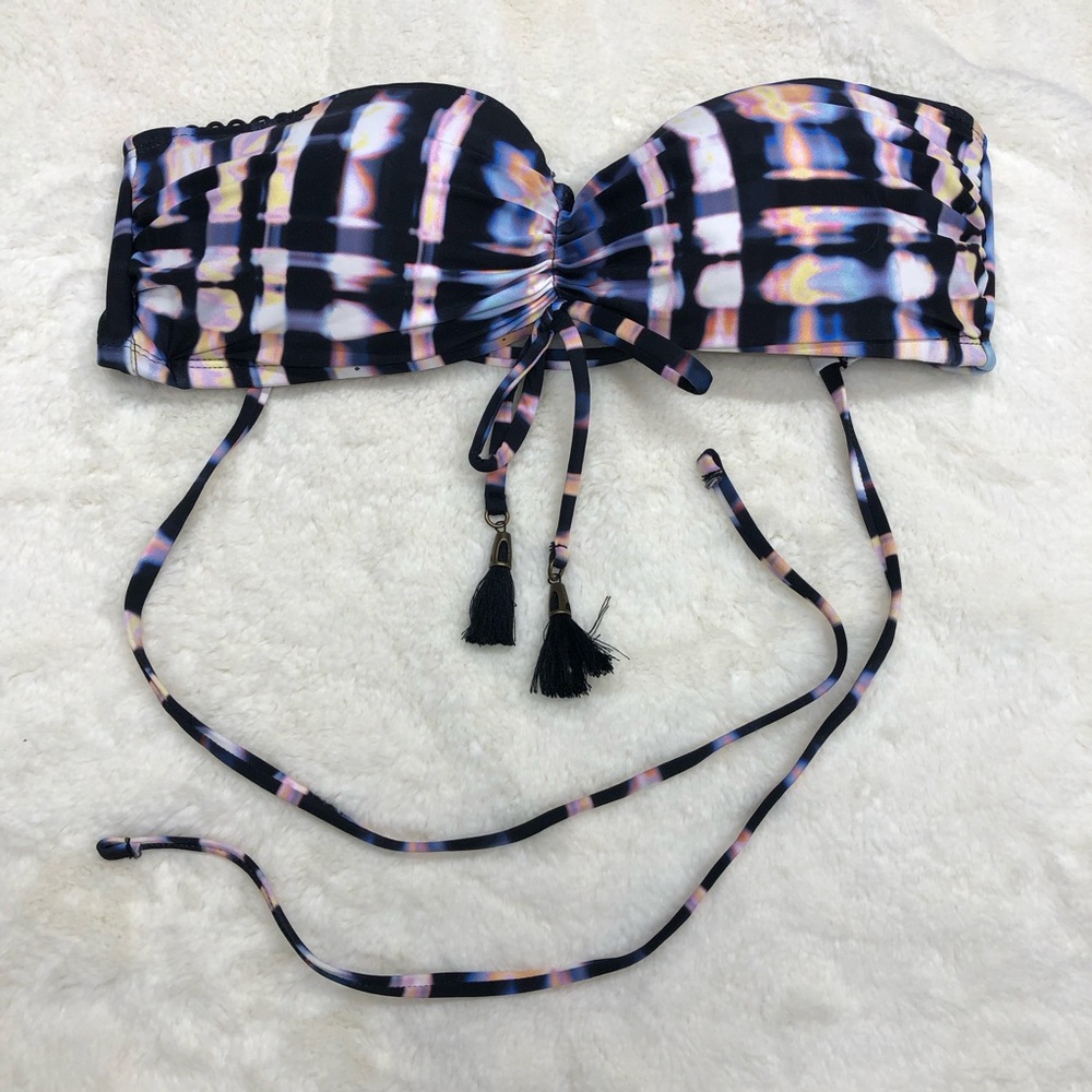NEW lucky brand XS strapless bandeau swim bikini top tie dye print black tassel